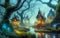 fairy forest village, fog, bright colors, fairy lights, detailed fantasy background,