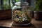 fairy garden, with tiny plants and delicate flowers, in glass jar