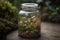 fairy garden, with tiny plants and delicate flowers, in glass jar