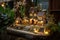 fairy garden with whimsical structures and magical elements, including glittering lights and miniature figurines