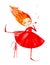 Fairy girl in a red dress and striped stockings,with red hair developing in the wind. Holds a plush hare in his hand and plays the