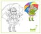 Fairy girl with wings in raincoat is standing under an umbrella color and outlined isolated on a white