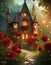 fairy house with a garden full of red roses