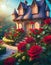 fairy house with a garden full of red roses