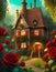 fairy house with a garden full of red roses