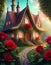 fairy house with a garden full of red roses