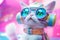Fairy Kei cat in VR headset exploring virtual reality. AI