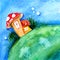 Fairy mushroom houses, fairy tale illustration in watercolor technique, kids book illustration