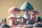 Fairy Pastel Colored Mushroom Houses Landscape. Generative AI