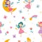 Fairy princess pattern, cute girls dancing. Doll child and flowers, childish baby fabric with magic rainbow and moon