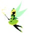 Fairy silhouette. Blonde hair and green dress. Pixie waving her magic wand. Hand drawn vector illustration. Isolated pn white