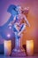 Fairy statue lit with candles and purple pink fairy lights