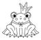 Fairy tale black and white frog prince with crown and mantle isolated on white background. Vector line fantasy animal in royal