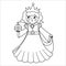Fairy tale black and white queen with orb. Vector line fantasy monarch in crown and mantle. Medieval fairytale prince character.