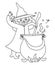 Fairy tale black and white vector witch with cauldron preparing potion. Fantasy line sorceress in tall hat. Fairytale or Halloween