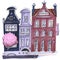 Fairy tale cartoon amsterdam european city old embankment streets children hand drawing illustration pink purple shades of color