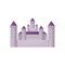 Fairy tale castle with high towers and purple conical roofs. Medieval building. Flat vector for children book or mobile