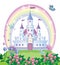 Fairy-tale castle for Princess, magic kingdom. Vintage Palace and beautiful flower meadow with rainbow. Wonderland. Vector.