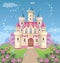 Fairy tale castle for Princess, magic kingdom. Vintage tower on a fabulous background. A toy palace for a girl. Flower meadow.