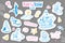 Fairy tale childish sticker set with doodle hand drawn castle, unicorn, flowers, princess, heart, dragon, knight