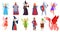 Fairy tale clipart. Medieval magician characters, cartoon fairy girl dragon and fantasy wizard. Halloween clothes, child