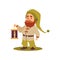 Fairy tale cute cartoon bearded gnome holding lantern with burning candle.