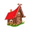 Fairy tale house made of logs with a red roof