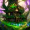 Fairy-tale house in a tree with a roof intertwined. Square flat cartoon illustration with textures. Forest house made