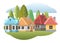 Fairy tale illustration for children. Small cozy rural houses. Funny cartoon style. Country suburban village. Farm hut