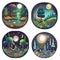 Fairy tale illustration of an enchanted forest at night under the moon. Set of magic cartoon stickers for kids