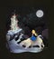 Fairy tale illustration girl riding polar bear in front of winter castle
