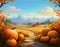 Fairy tale illustration pumpkins flowers fields with mountains in background. Banner. Pumpkin as a dish of thanksgiving for the