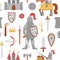 Fairy tale knight armor seamless pattern. Repeat background with fantasy armored warrior and castle. Fairytale soldier digital