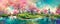 Fairy tale landscape, paradise river, idyllic scenery, trees with pink foliage, panorama, fantasy illustration