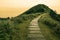 Fairy tale landscape and stepping stone path over a hill on the horizon at the Caoling Historic Trail in Taiwan