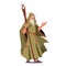 Fairy Tale Magician, Wizard Character Wear Long Robe, Cape with Hood Holding Wooden Magic Staff. Warlock with Beard