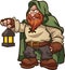 Fairy tale medieval dwarf with a green hood, holding a lantern. Vector clip art illustration with simple gradients.