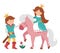 Fairy tale prince with princess on a pink horse on white background. Vector fantasy young monarch in crown with girl. Medieval