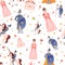 Fairy tale seamless pattern for kids textile or wrapping paper, princess and knight in different poses in cartoon style