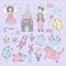 Fairy tale set with with winged characters, the castle, unicorn. Doodle vector illustration.