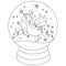 Fairy tale snow globe with a unicorn. Vector black and white coloring page