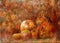 Fairy tale still life with squirrel and autumn fruits on abstract background