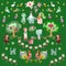 Fairy tale summer background with cute cartoon raccoons, roosters, cats and monkeys in the garden.