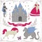 Fairy tale theme. Prince, princess, castle, dragon, fairy, horse. Collection of decorative design elements.