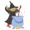 Fairy tale vector green witch with cauldron preparing potion. Fantasy sorceress in tall hat isolated on white background.