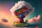 Fairy tale windmill floating in colorful clouds