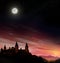 Fairy tale world. Magnificent castle under sky with full moon