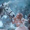 A fairy in a tender vintage dress hugs a unicorn. Fantastic magical, radiant horse. Background river and forest. Blonde