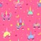 Fairy unicorn seamless pattern, cartoon flat vector illustration on pink background.