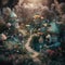 A fairy village with a pathway leading to it. Generative AI image.